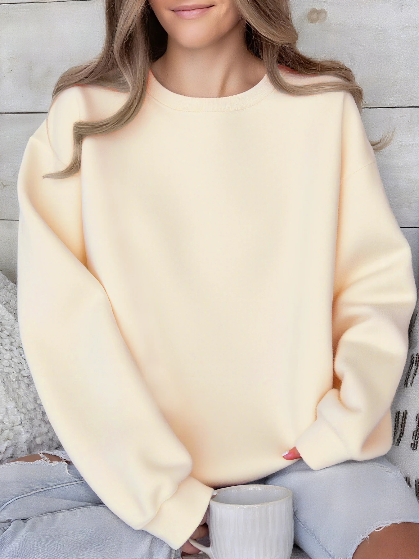 NEW Winter Womens Solid Hoodies Basic Warm Fleece Sweatshirts Soft Breathable O-Neck Pullover Casual Oversize Womans Clothes