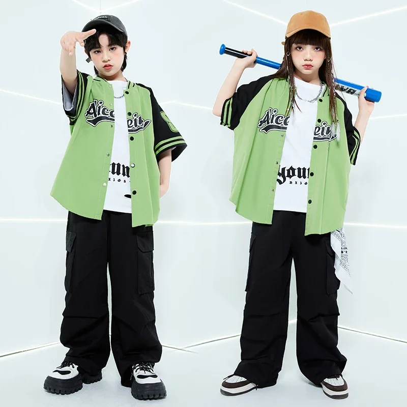 Hip Hop Jungen Orange Baseball Jacke Cargo Hosen Mädchen Streetwear Mantel Kinder Jazz Kleidung Sets Kinder Street Dance Kostüm