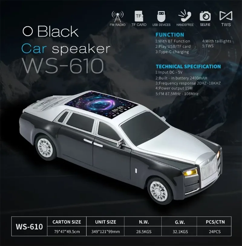 

Автомобильные Bluetooth-колонки Rolls-Royce, беспроводная звуковая система 15 Вт с динамической крышей звездного неба, FM, светодиодной подсветкой, воспроизведение карт USB TF
