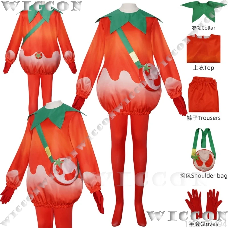 

Red Tomato Jumpsuit Game Anime Cosplay Costume Top Pant Gloves Bag Full Set Clothes Adults Man Woman Halloween Party Roleplay