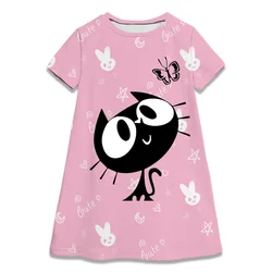 Summer Girl Short Sleeves Dress 2-8 Years Children Girls Birthday Party Princess Dresses Pink Cute Cat Clothes Birthday Gifts