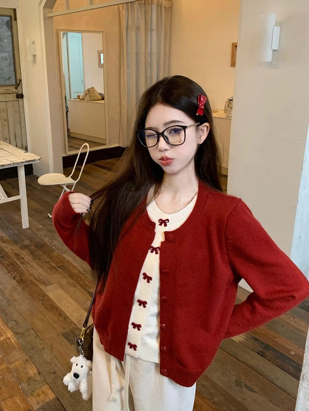 

Cisas New Year Red Knot Sweater Women's Autumn Winter Korean Sweet Miu Sle Fake Two-Piece Knitted Coat