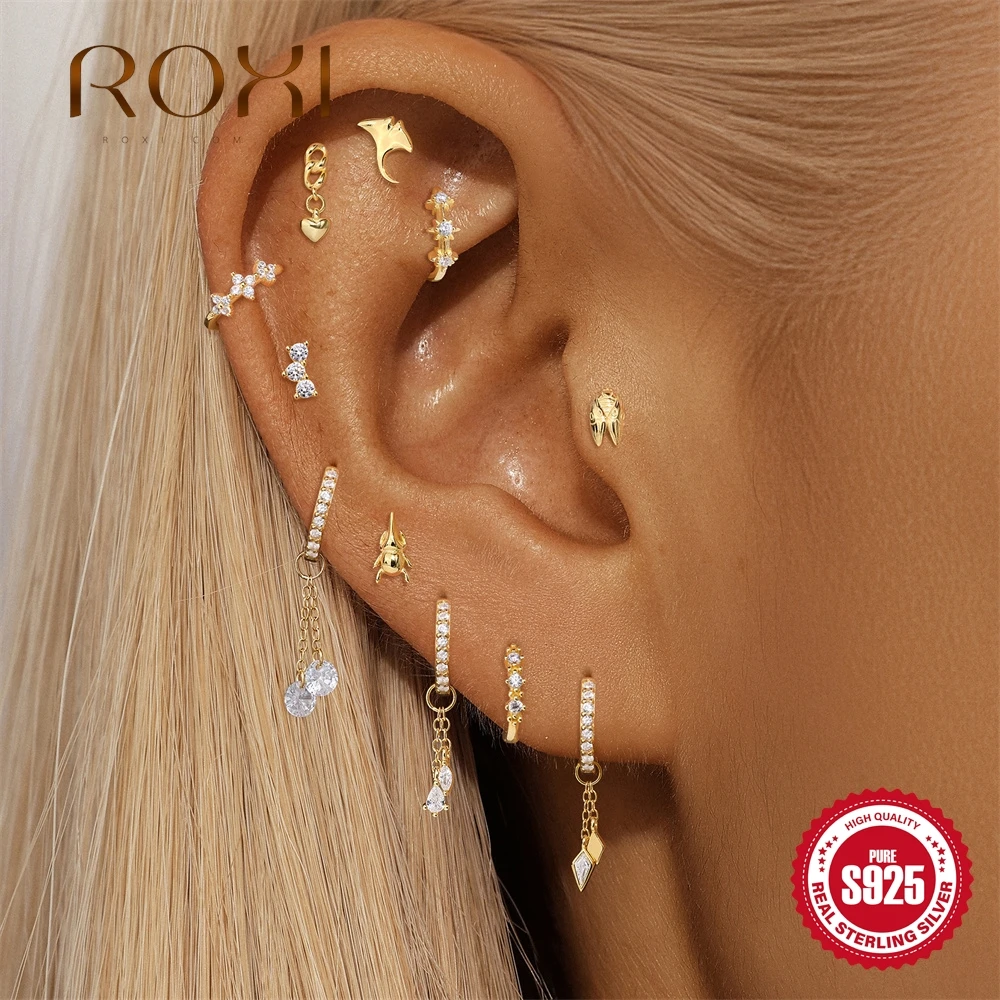 

ROXI 925 Sterling Silver Mini Animal Beetle/Cicada/Whale for Women Flat Back Piercing Stud Helix Heart Charm Tassel Party Gifts