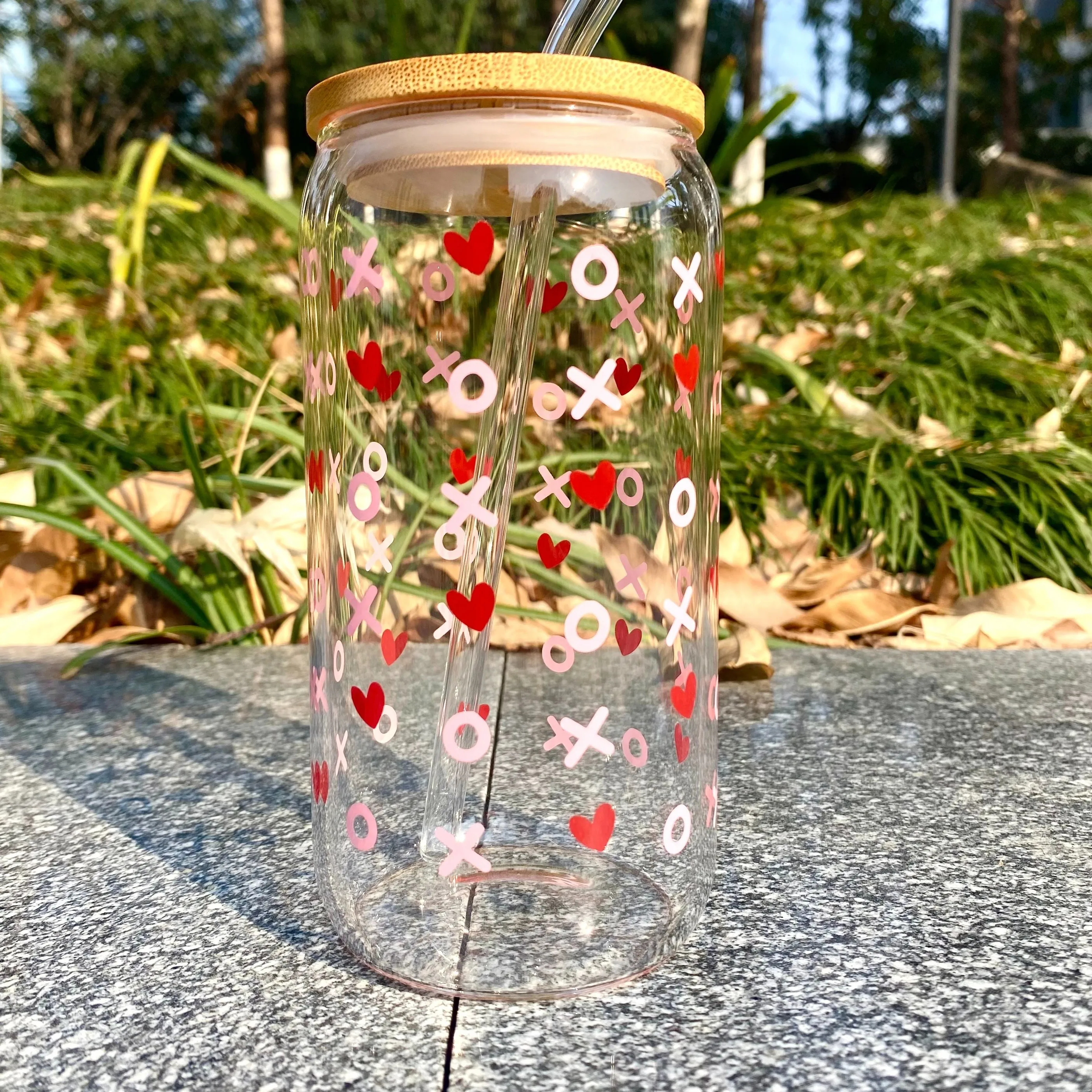 1pc 6oz Clear 3D Printed Sublimation Glass Cup With Bamboo Lid&Glass Straw Drinking Cups With Waterproof Sticker Muti-Pattern view 5