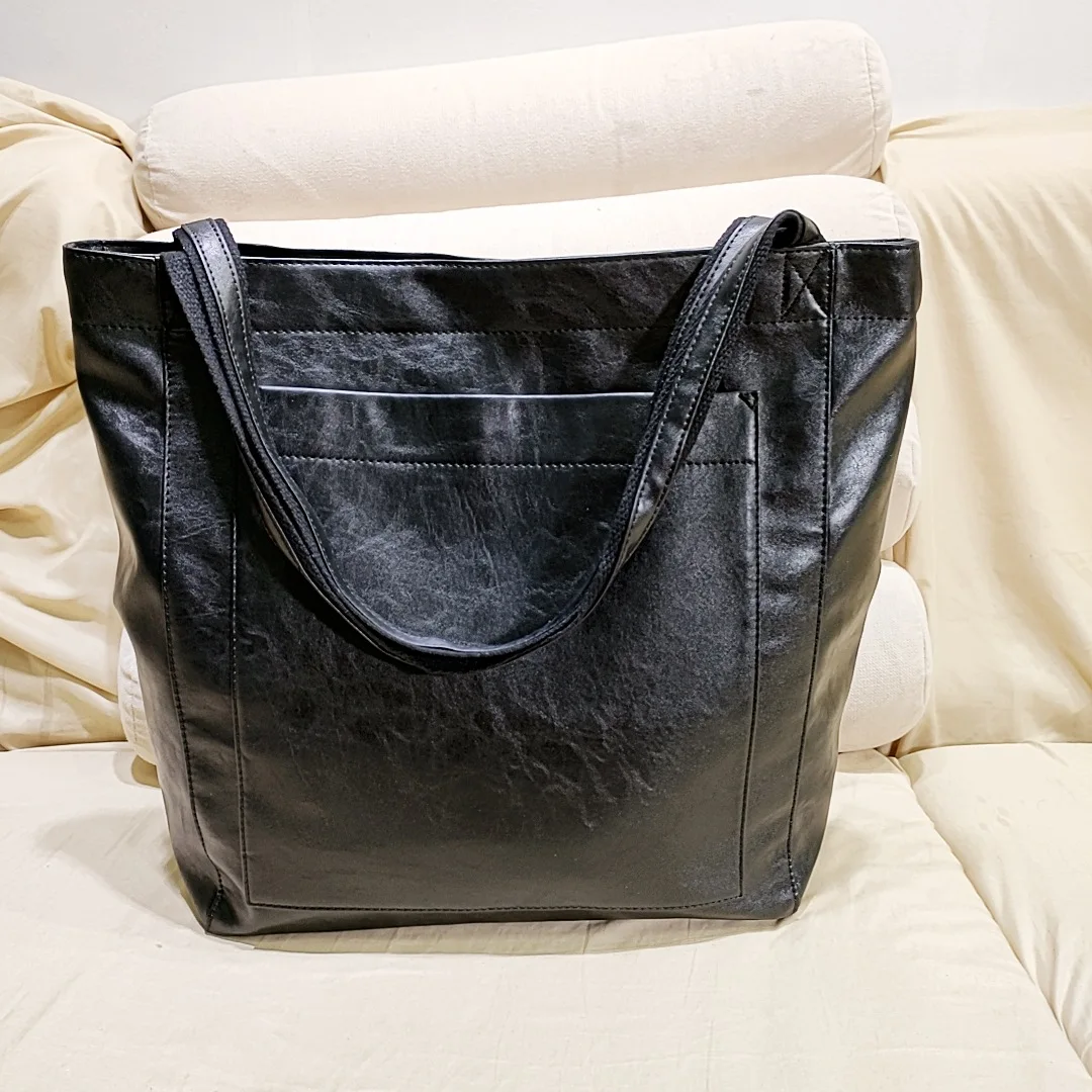 Pocket Women\'s Soft Leather Handheld One Shoulder Retro Oil and Wax Leather Large Capacity New in Tote Bag