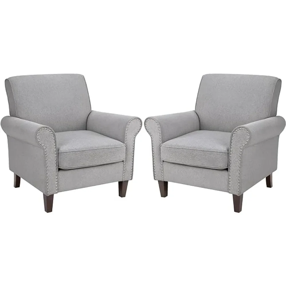 Chair Set of 2, Mid-Century Modern Fabric Living Room Chair Reading Chair with Soft Cushion, Nailhead Trim & Rolled Armrest