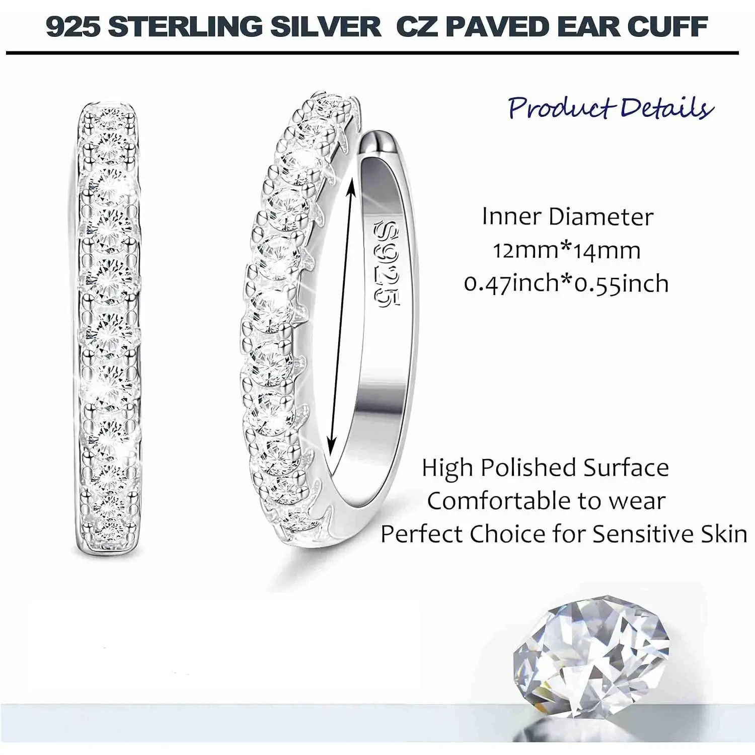 Fansilver-925 Brincos de Prata Esterlina para Mulheres, Punho de Orelha Banhado a Ouro 18K, Zircônia Cúbica, Não Perfurado, CZ Pave, 12mm