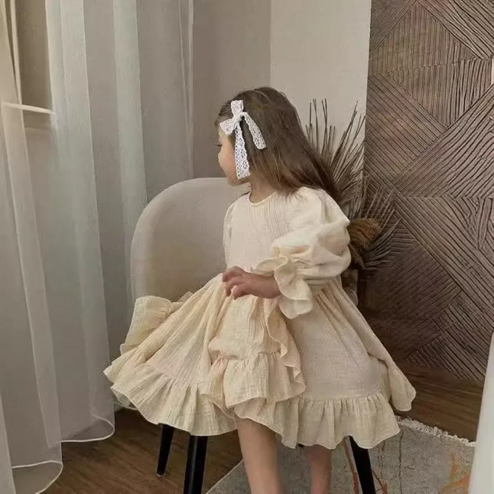 

Новое льняное платье с рюшами и разрезом по подолу, британское платье с эластичными рукавами для девочек 4475, детское платье, осень 2023 г.