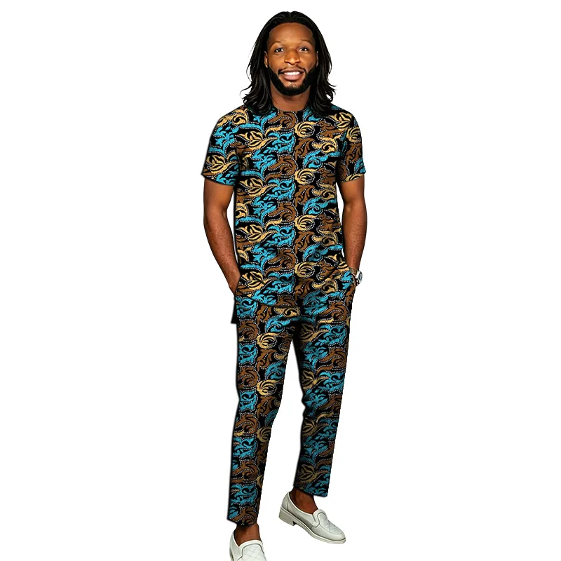 

African Print Coutrue Short Sleeve Men's Set Collarless Tops+Elastic Waist Pants Male Ankara Outfit Party Wear Tailored