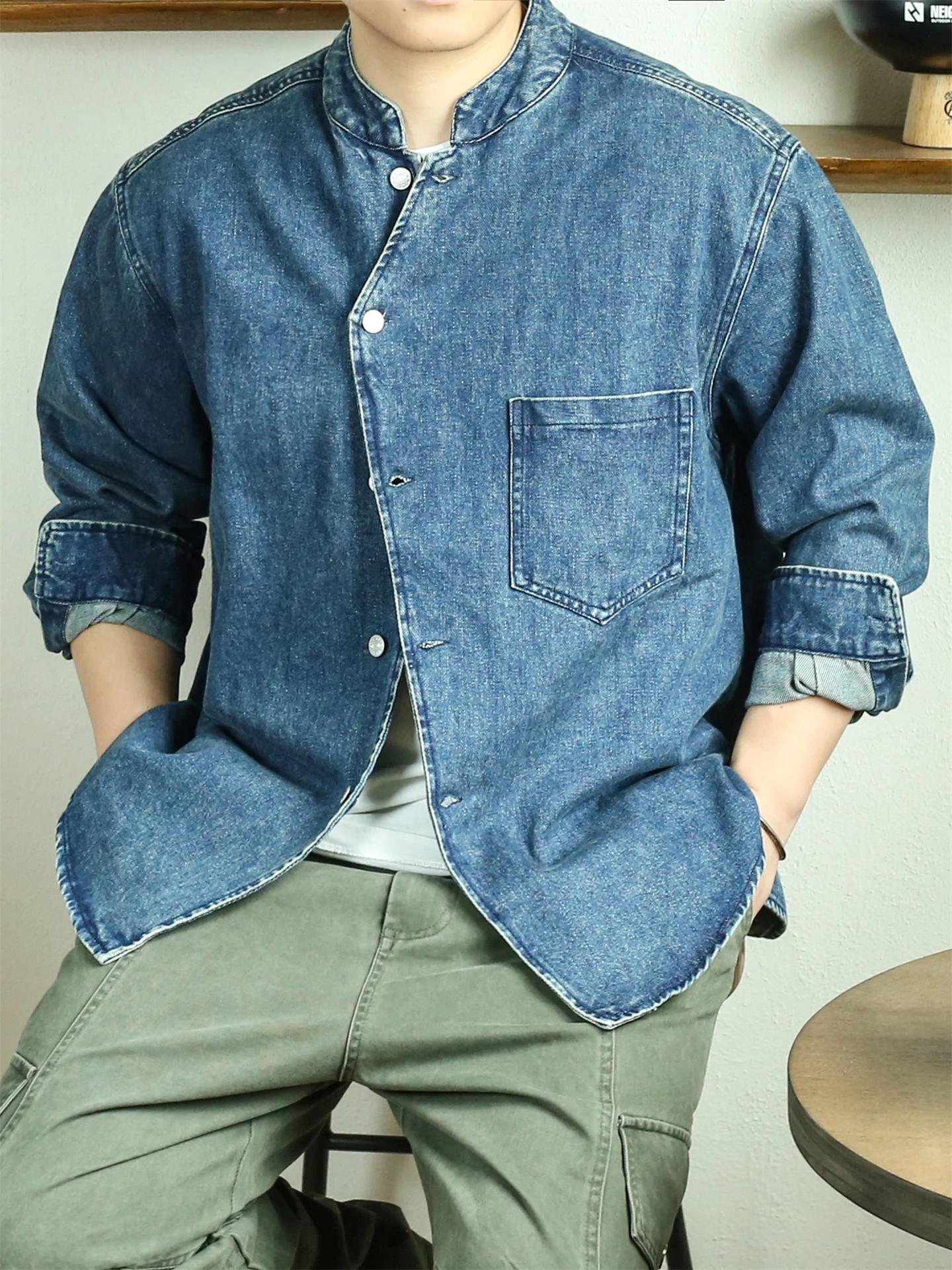 

Retro Chinese Sle Heavyweight Denim irt Jaet Loose Fit Small Collar Top for Men And Women Autumn New Arrival Cotton Pol...