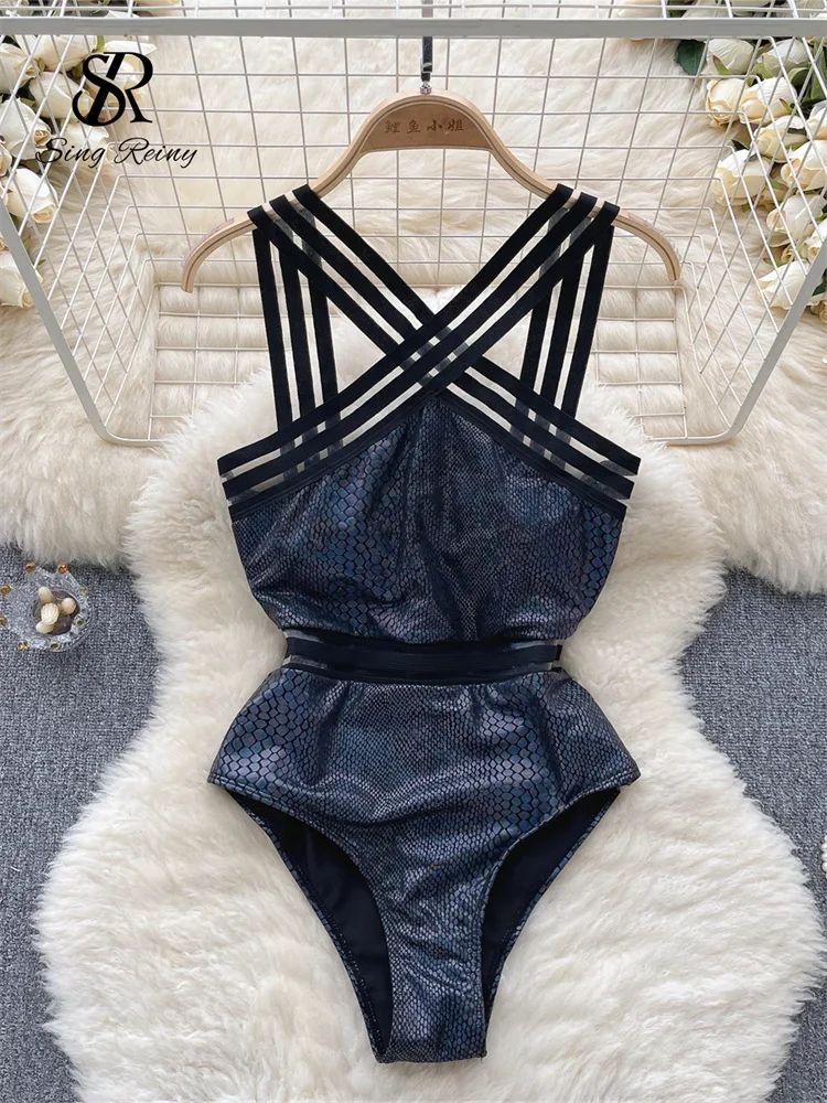 

SINGREINY Shiny Serpentine Sexy Bodysuits Women Halter Sleeveless Slim Backless Swimsuit Fashion Streetwear Sensual Playsuits