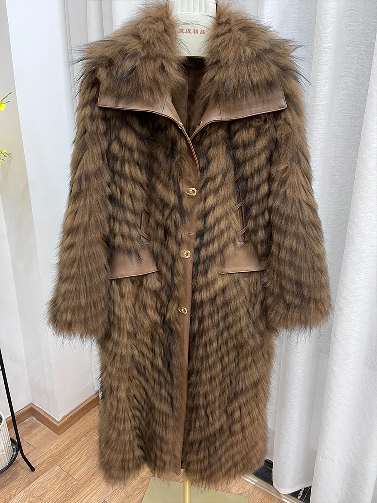 Winter New Women\'s Natural Raccoon Fur Jacket Fox Fur Coat Fur Strip Sewed Toghter Long Style Warm Thick Jacket Warm Thick