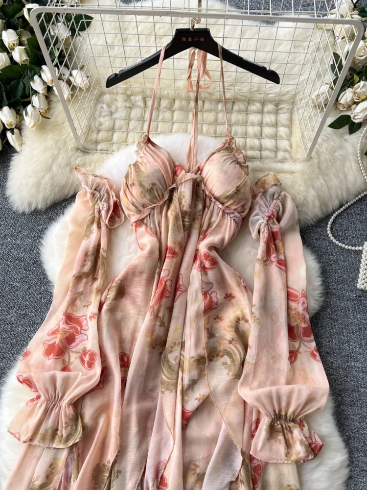 Women Sexy Floral Beach Dress Summer Pleated Hanging Neck High Waist Irregular Ruffled Print Chiffon Dresses Ladies Long Robe