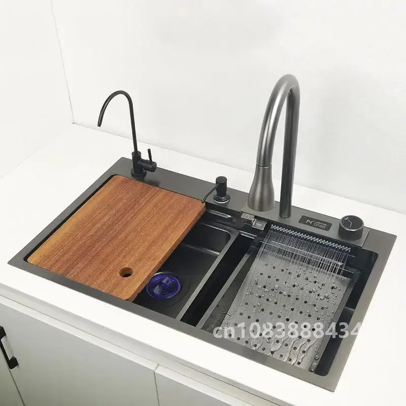 Waterfall Sink Kitchen Stainless Steel Topmount  Nano Sink with  chopping board LED display Waterfall Faucet Wash Basin