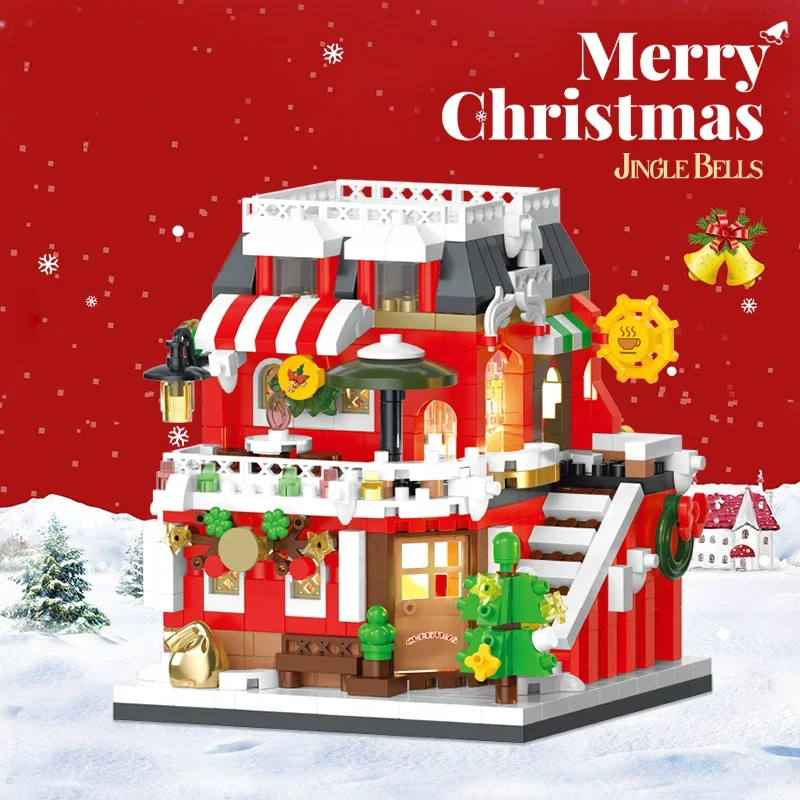 Christmas Street Scene Building Blocks Candy House Cafe Gift House Book Store Model Bricks Set Kids Chitstmas Gifts giocattoli fai da te