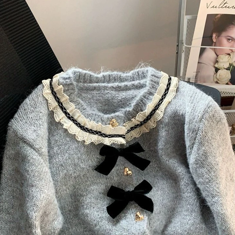 Women Knit Cardigan Sweet Preppy Bow Button Patchwork Spring Autumn O Neck Sweater French Small Fragrance Long Sleeve Chic Tops