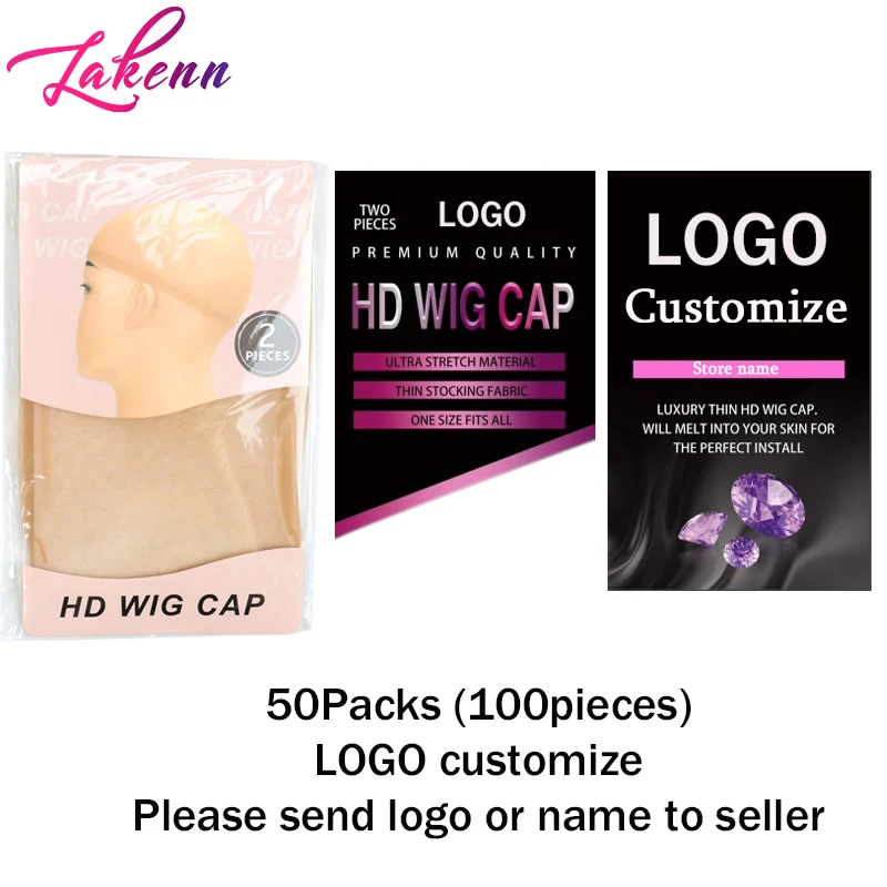 HD Wig Cap with Own Logo 50Pack 100Pieces Ultra Thin Stocking Cap For Wig Bonnet Perruque Hairnets Hair Wig Accessories