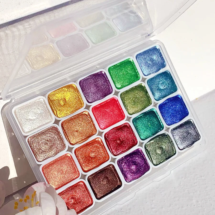 

20 Colors Solid Watercolor Paints 20 Watercolor Set Textured Pearlescent Pigment Metallic Glitter Acuarela Portable Art Supplies