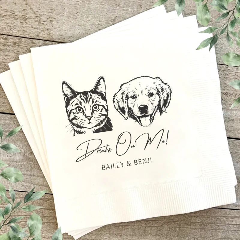 50/100PCS Personalized Paper Napkin with Pet Portrait, Custom Pet Cocktail Napkins, Disposable Wedding Napkins