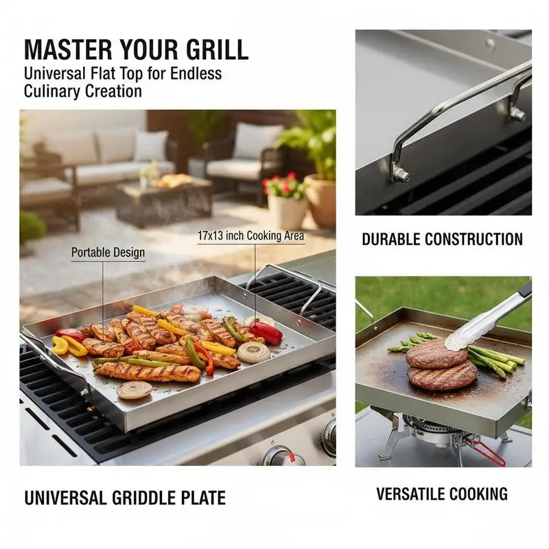 Free Shipping-Rectangular Flat Top Plate 17x13 inch For Camping Tailgating Party BBQ Grill Gas Grill Teppanyaki Cookware Built-in Handles Professional Cooking Surface Portable Outdoor Kitchenware Accessory view 3