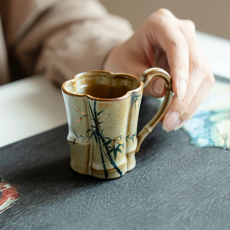 

Antique Style Gold Trim Hand Painted Bamboo Ceramic Mug with Handle Heat Resistant Tea Coffee Cup Chinese Style Gift