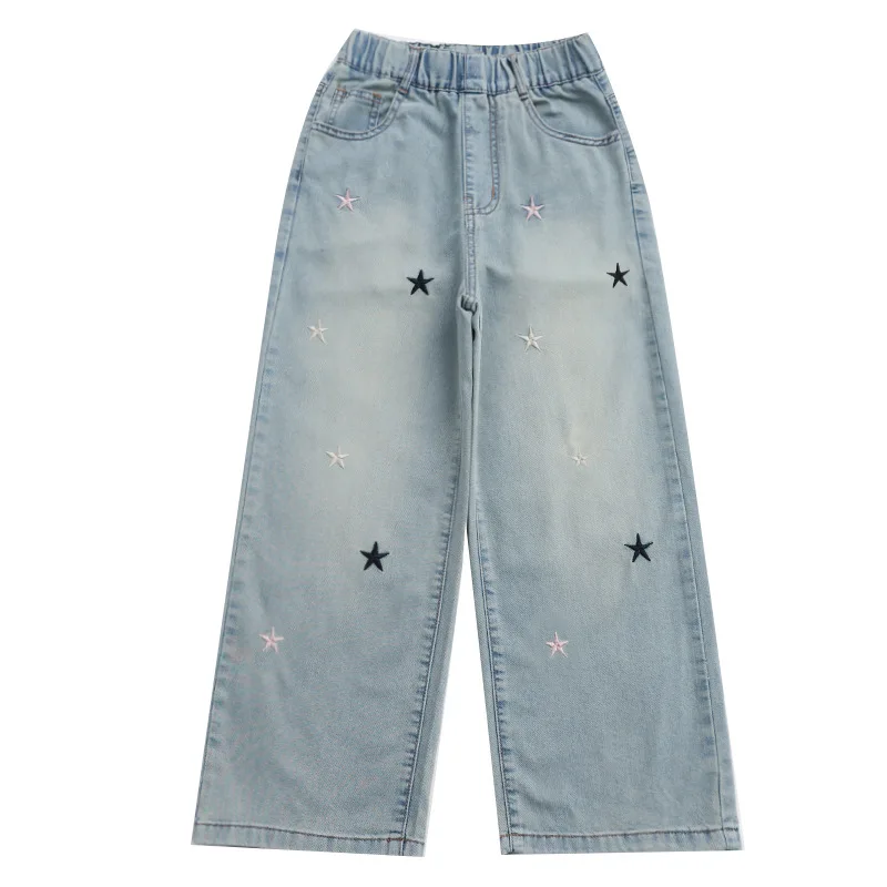 Spring Autumn New Girls Jeans Embroidery Five-pointed Star Loose Pants For 3-12 Years Teen Girls Stylish Denim Wide Leg Pants