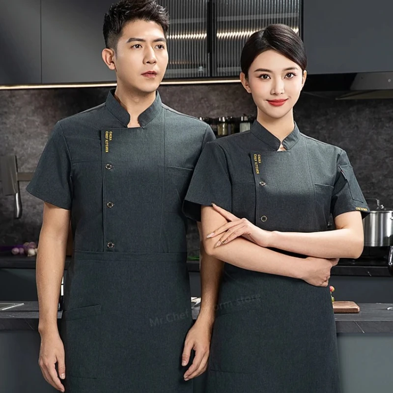 Summer Chef Jacket black uniform Men short sleeve Chef coat apron work clothes logo Chef shorts Breathable Restaurant Kitchen