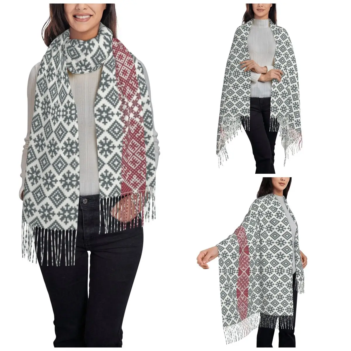 Belted Latvian Pattern Scarf for Womens Winter Warm Pashmina Shawl Wrap Long Scarves with Tassel Daily Wear