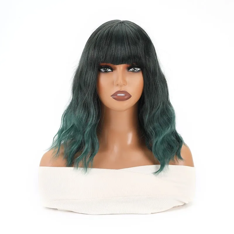 

Ladies Hair Wigs Med-length Women's Dark Green Curly Full Wig+Wig Cap