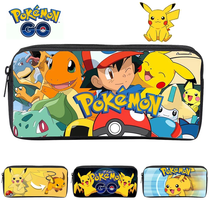 Pokemon Pikachu Pencil Case Cartoon Anime Printing Large Capacity Pencil Case Polyester Student Boys Single Layer Stationery Box