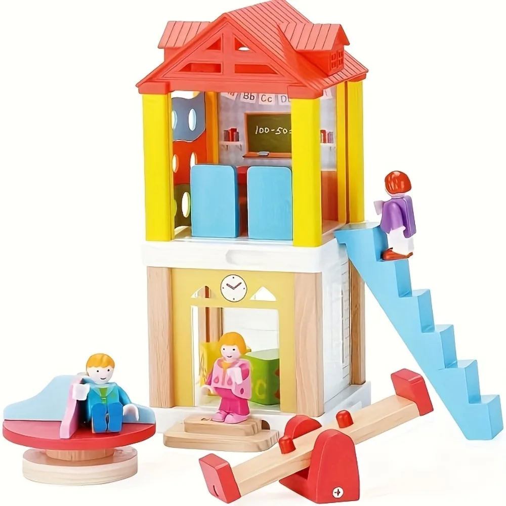 Wooden Dollhouse Furniture Set Outdoor Miniature Doll House School Accessories with Seesaw Pretend Play Toys Birthday Gift