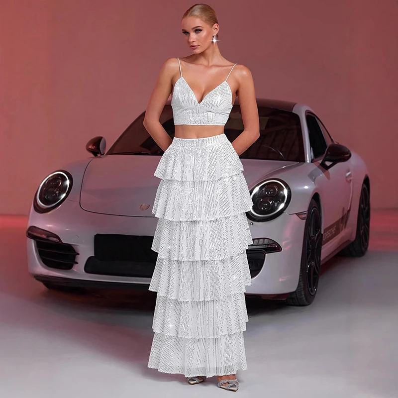 

2025 Summer New Simple Women's Elegant Two piece Skirt Fashion Bead Strap Vest Cake Skirt Shining Sexy Long Skirt Set