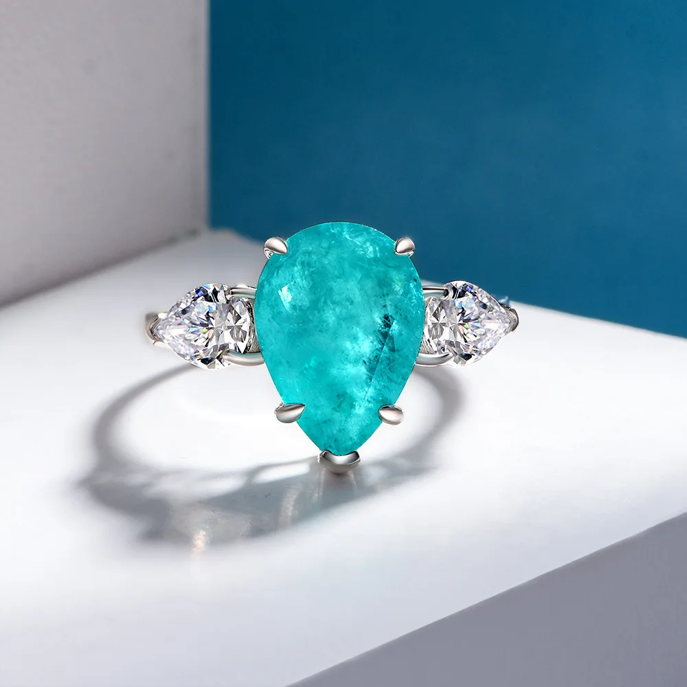 

Waterdrop 10 * 14 Synthetic Paraiba Ring Silver Plated Platinum 6-Carat Wish New Wedding Jewelry