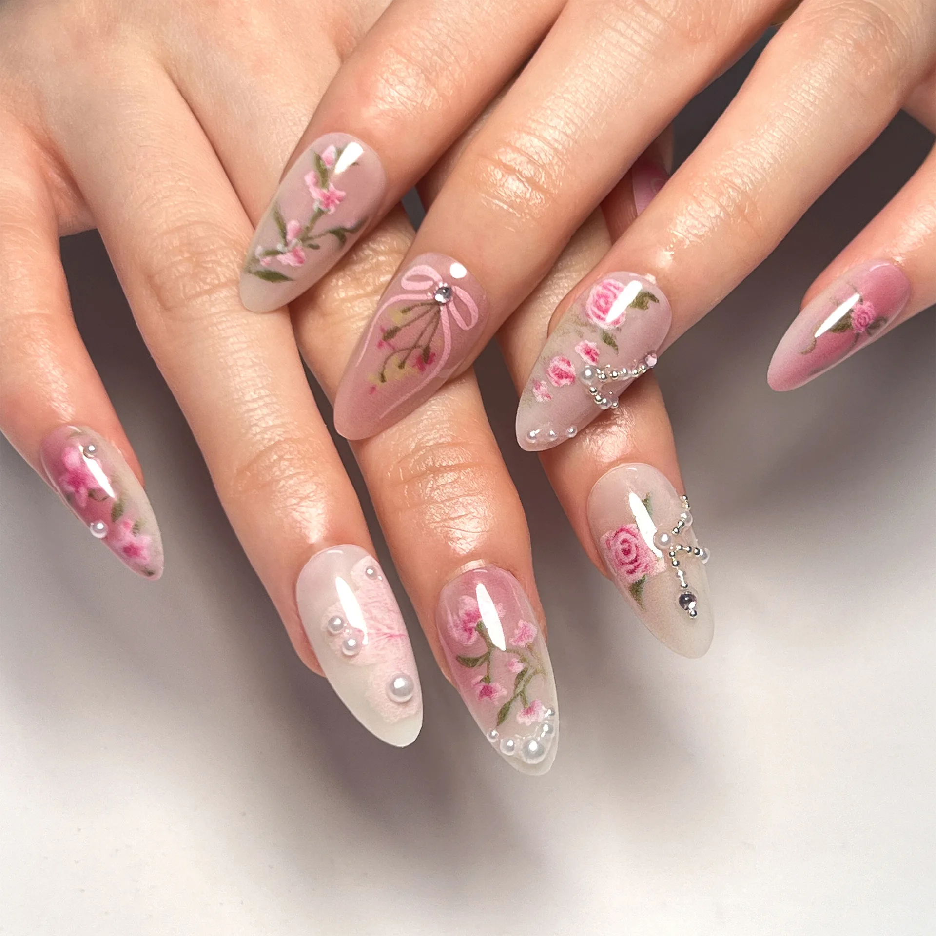 24pcs Wearable Long Almond Y2k Nails Press On Nails Garden Pastoral Style False Nails With Rose Flowers Designs Fake Nails Round