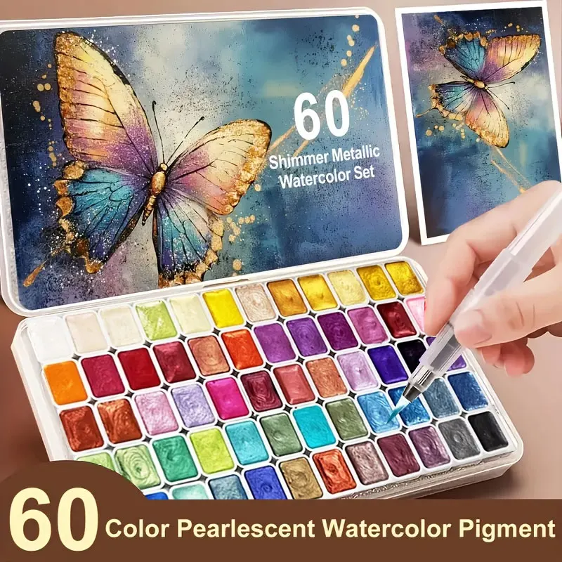 60-Color Metal Watercolor Painting Set, New Portable Box With Sparkling Pearl Solid Watercolor Painting, Art Supplies