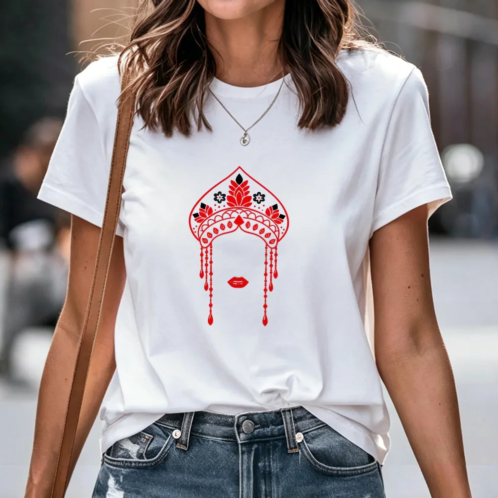 Women T-shirt Russian Folk Slavic Graphic Print Multiple Patterns Matryoshka Doll Letter Tee Casual Short Sleeve Cotton Tops