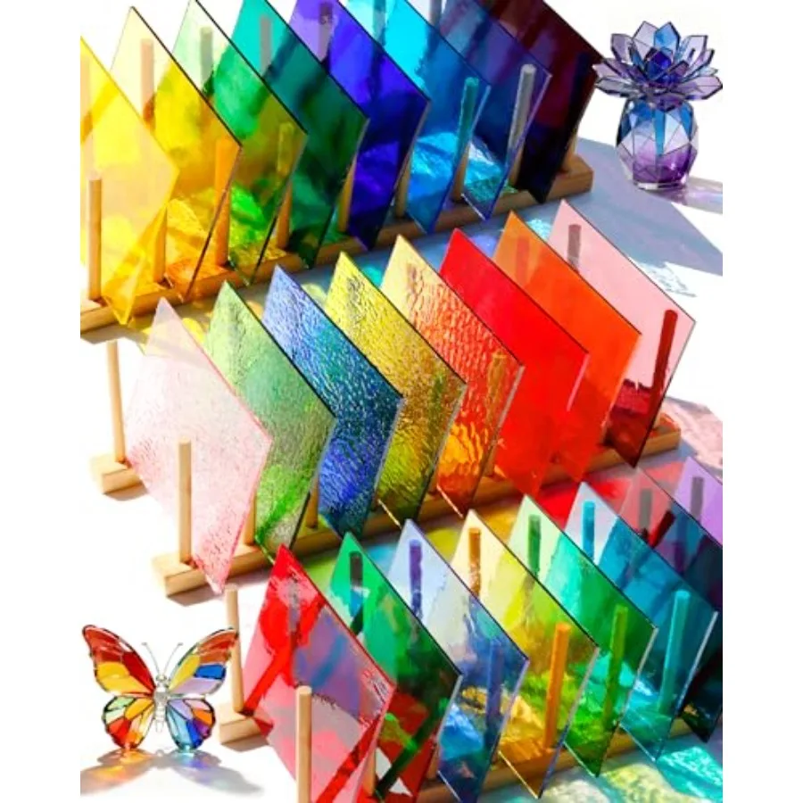 

24 Sheets Stained Glass Sheets 4x6 Inch Mixed Color Stained Glass Supplies for Suncatchers Mosaic Crafts Fused Glass Supplies W