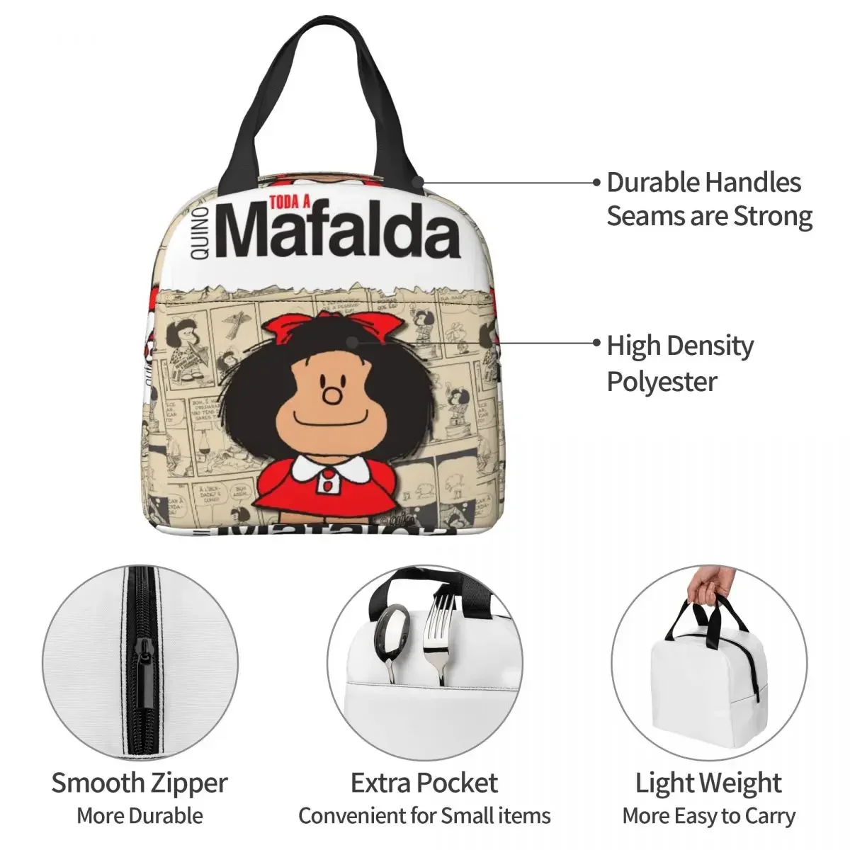 Mafalda Comic Bolsas de almuerzo aisladas Bolsa térmica Contenedor de comida Kawaii Amine Fiambrera de alta capacidad para hombres y mujeres Trabajo