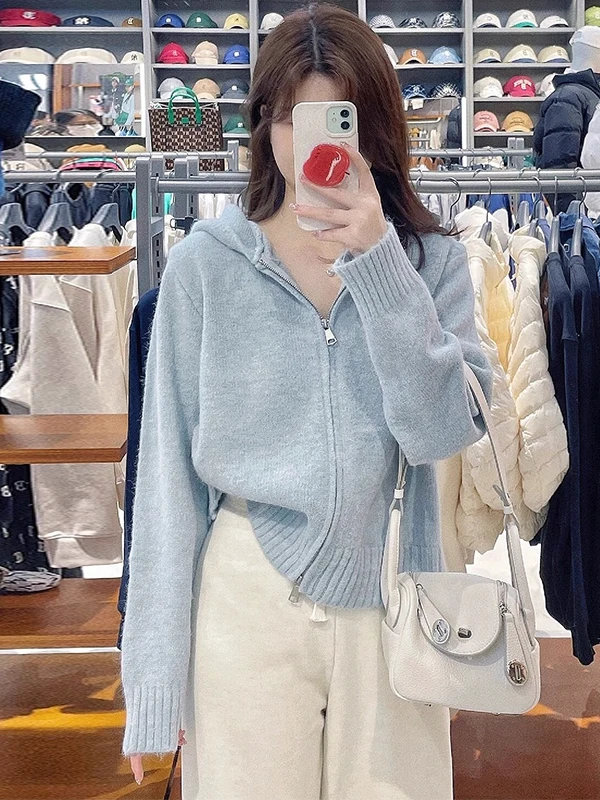 

Женский вязаный кардиган Lazurite Blue с двойной молнией и капюшоном, осенне-зимний свитер-жакет, мягкий, свободный, с длинными рукавами