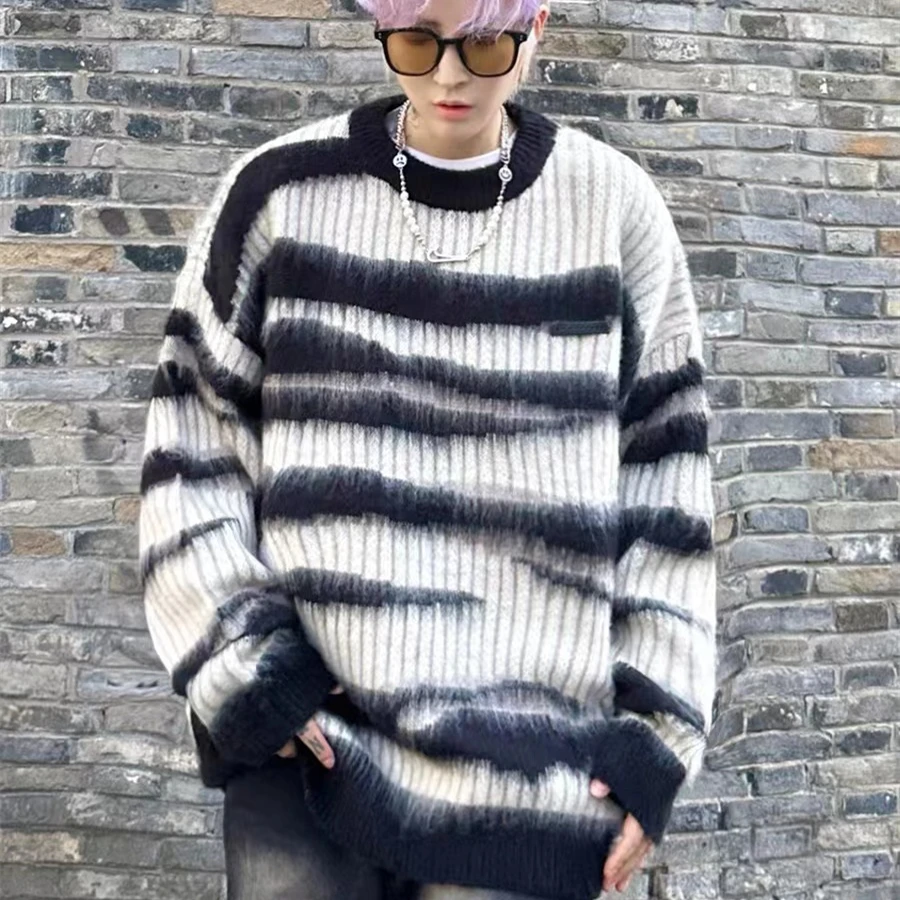 

Мужской свитер свободного кроя с круглым вырезом, в полоску, 300J, модный, с цветовыми блоками, для зимнего сезона, повседневный, с длинным рукавом