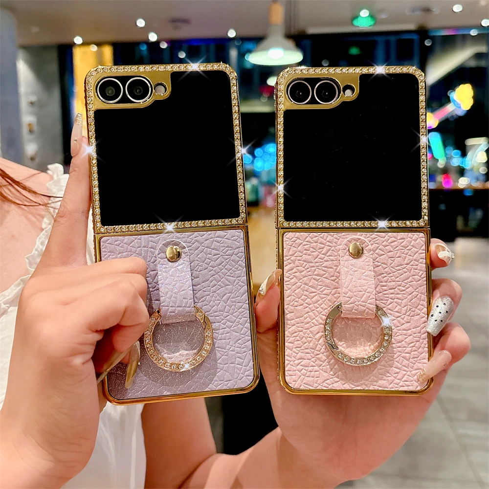 เคสหนัง PU ชุบลายหรูหรา พร้อมที่วางแหวน สำหรับ Samsung Galaxy Z Flip 7 6 Flip 5 Flip 4 Zflip 3 ประดับเพชร กันกระแทก