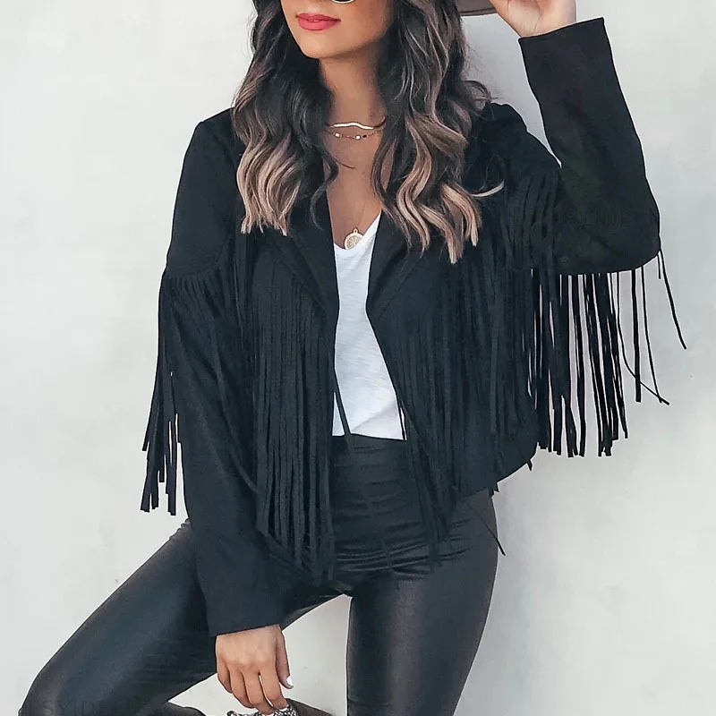 

Women's Suede Jacket Women Indie Folk Tassel Spring/Autumn Crop Coat Women Fringed Long-sleeved Bohemian Ethnic Jackets Brown