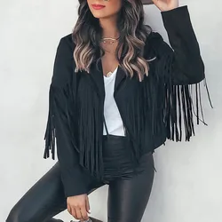 Women's Suede Jacket Women Indie Folk Tassel Spring/Autumn Crop Coat Women Fringed Long-sleeved Bohemian Ethnic Jackets Brown