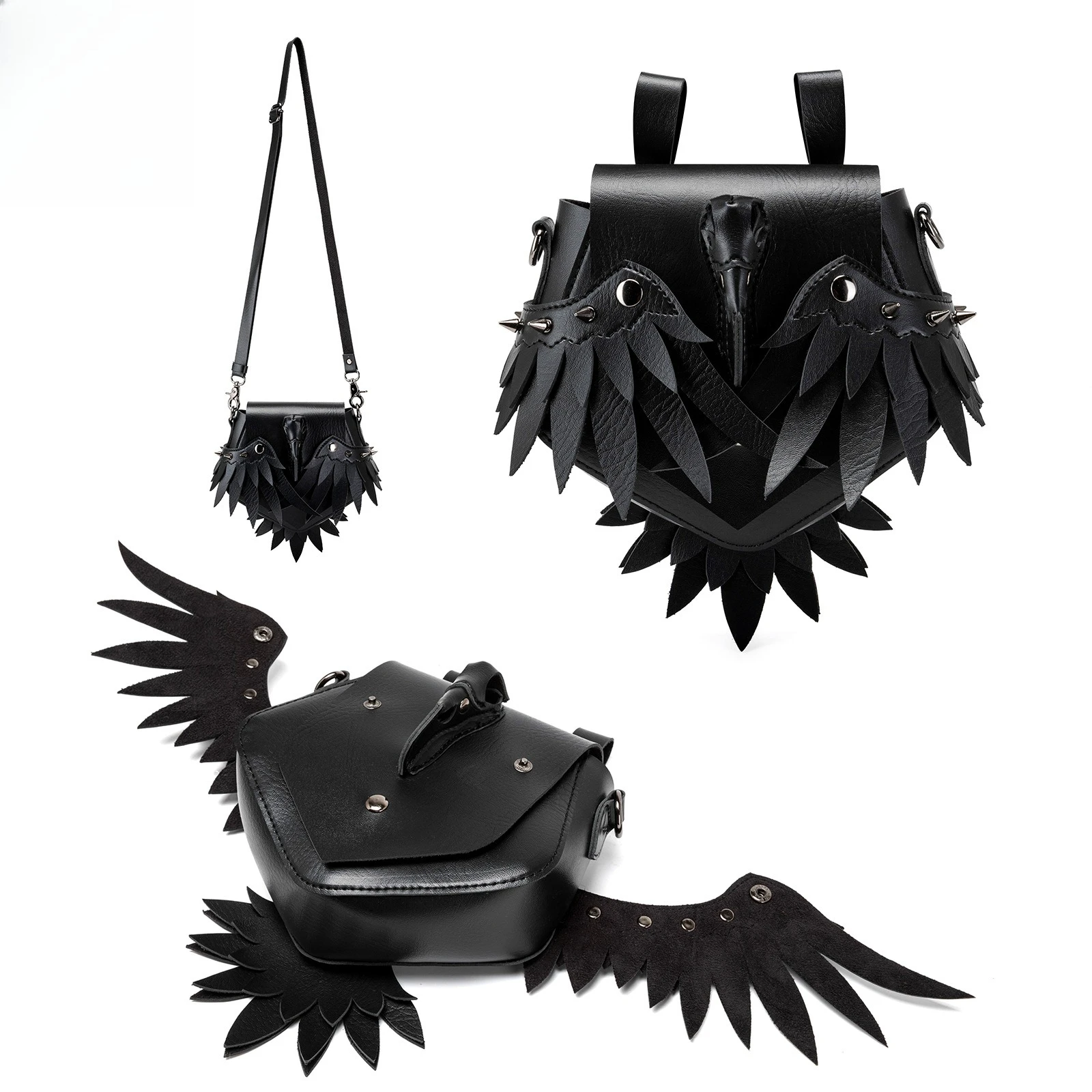 Gothic Crow Skull Messenger Bag Detachable Feather Wings Rivet Decor Y2k PU Leather Purse Waist Bags for Women Streetwear