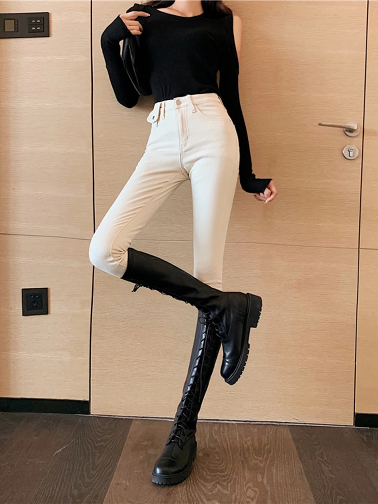 Vintage Korean Retro White Skinny High-Waisted Fleece Jeans Women Slim-Fit Streetch Pencil Pants Trendy Denim Trousers Female