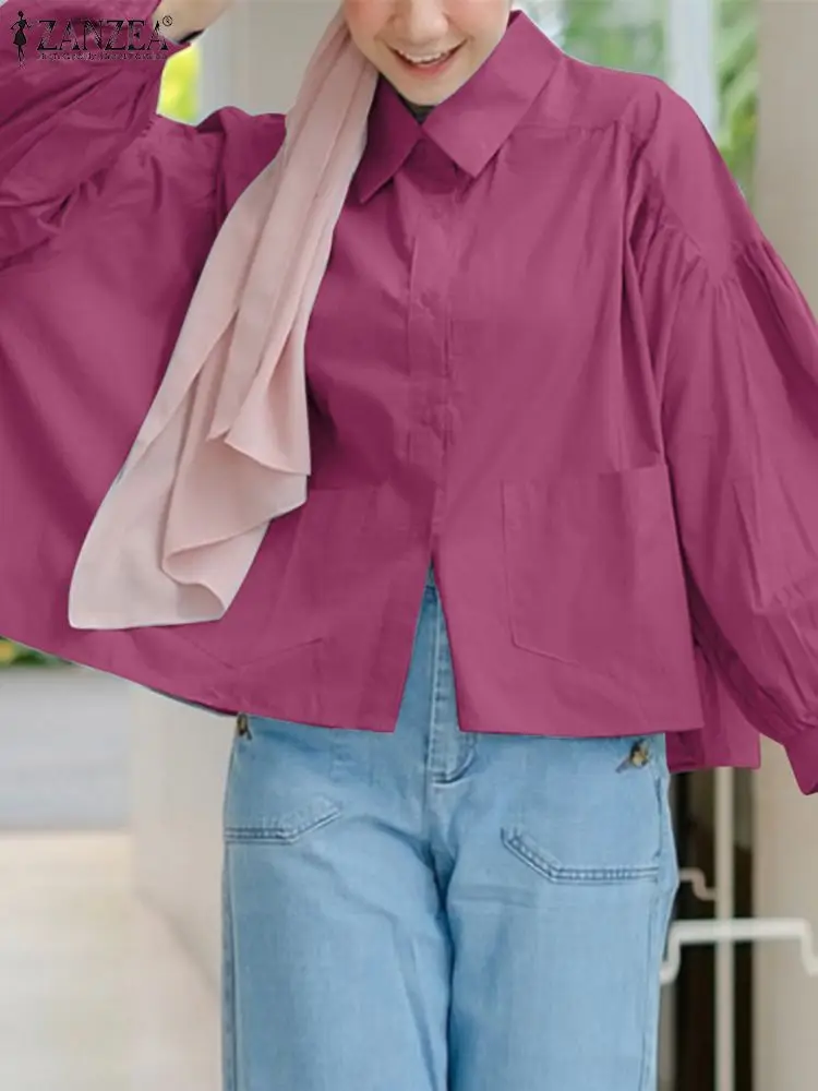 

Autumn Lapel Neck Long Sleeve Work Shirt ZANZEA Fashion Women Casual Loose Blouse Solid Muslim Abaya Tops Eid Mubarek Blusas