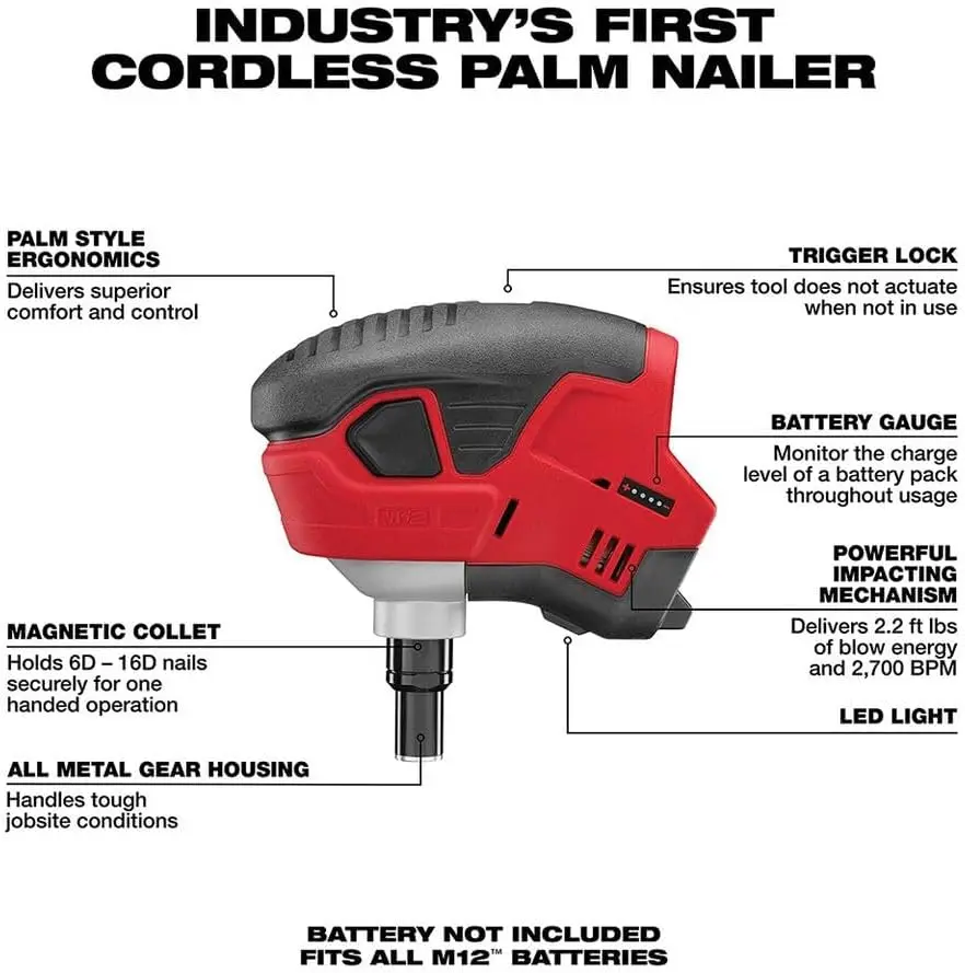 Fits Milwaukee 2458-20 12V M12 Cordless Lithium-Ion Palm Nailer, 2700 Bpm (Tool Only)