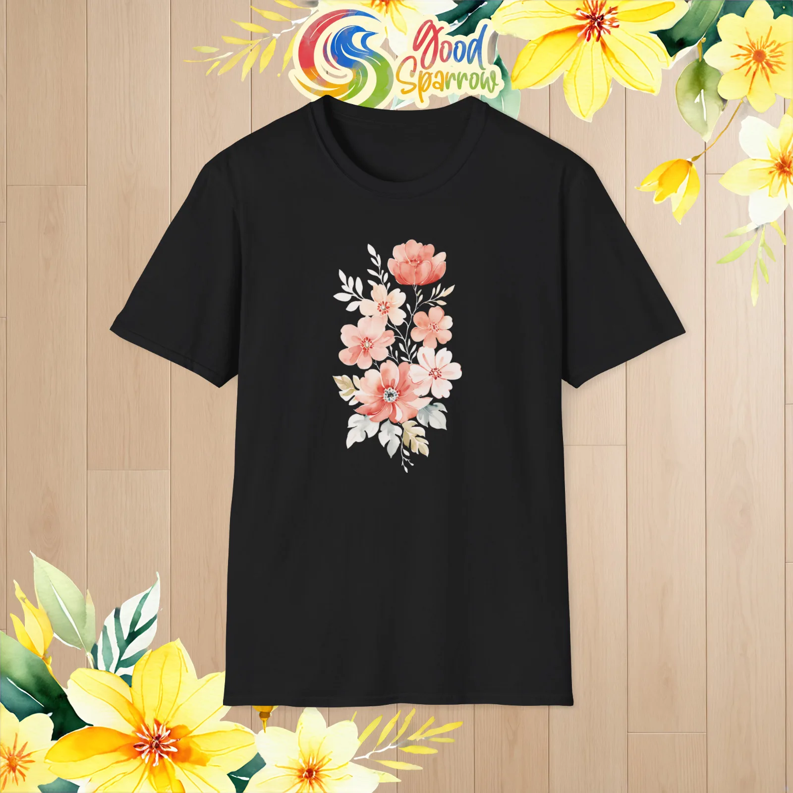 Comfortable Coral Floral T-shirt Casual Soft Artsy Cotton Watercolor Flowers Top