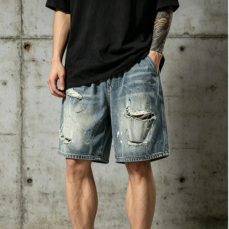 

Mens Casual Jorts Ripped Denim Shorts Heavy Weight Distressed Drawstring Loose Fit Five Inch Inseam Summer Streetwear