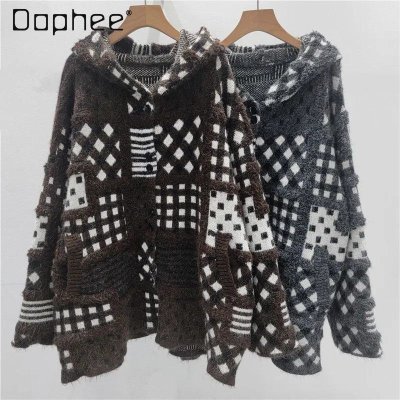 

2025 Autumn Winter New Fashion Casual Versatile Hooded Knitted Cardigan Women's Loose Slimming Sweater Coat Trendy